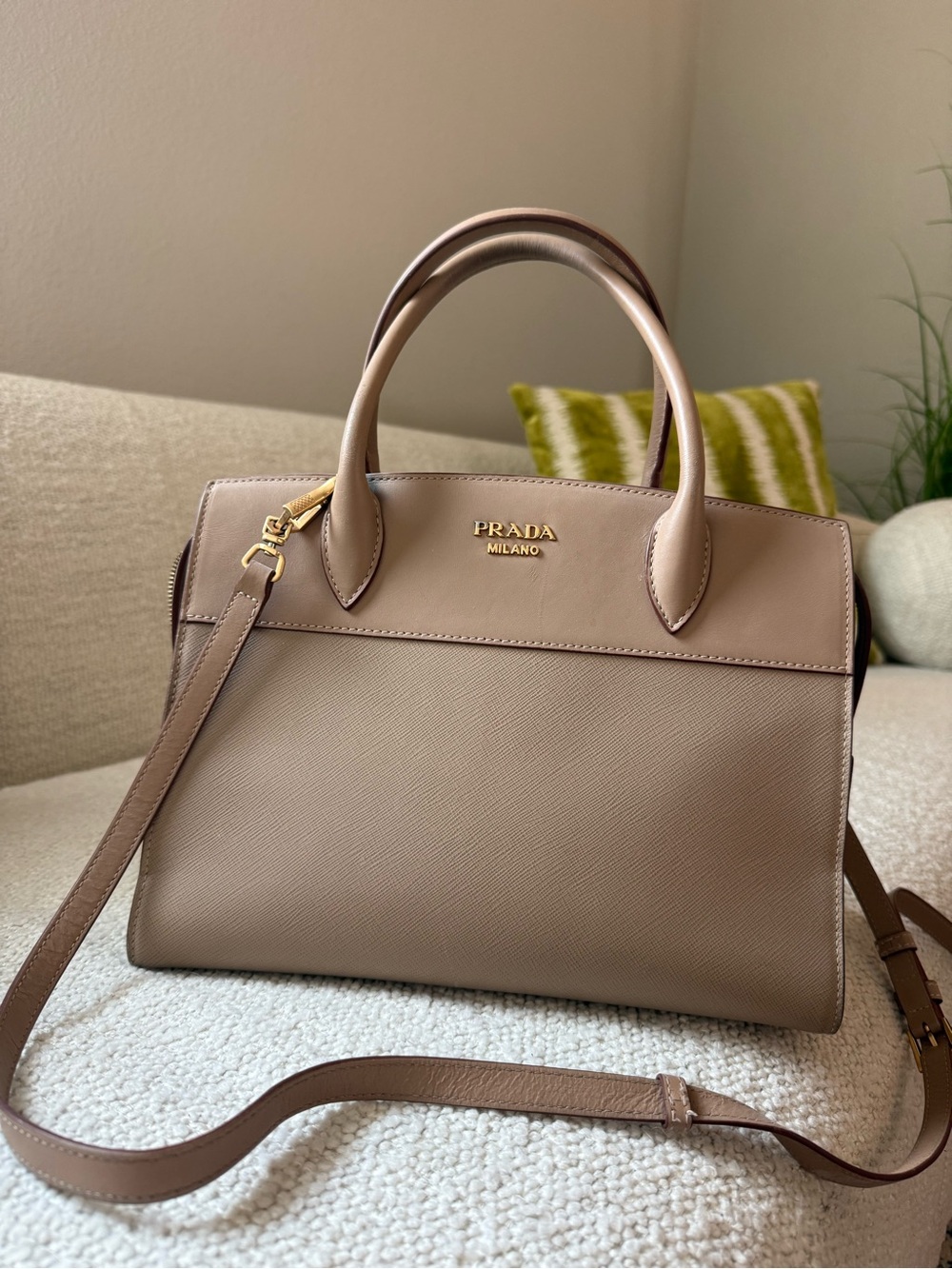 Taupe Saffiano Leather Top-Handle Bag